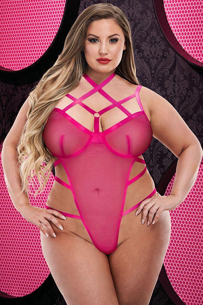 Sexy Hot Pink Strappy Caged Teddy Plus